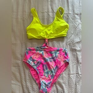 Womens Neon Yellow & Pink Floral One-Piece Swimsuit small